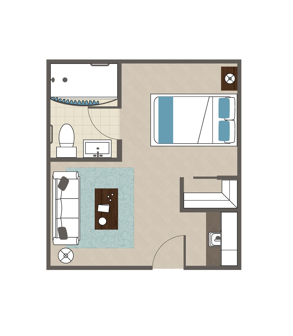 A compact one-bedroom apartment floor plan featuring a living room, bathroom, kitchen, and bedroom.