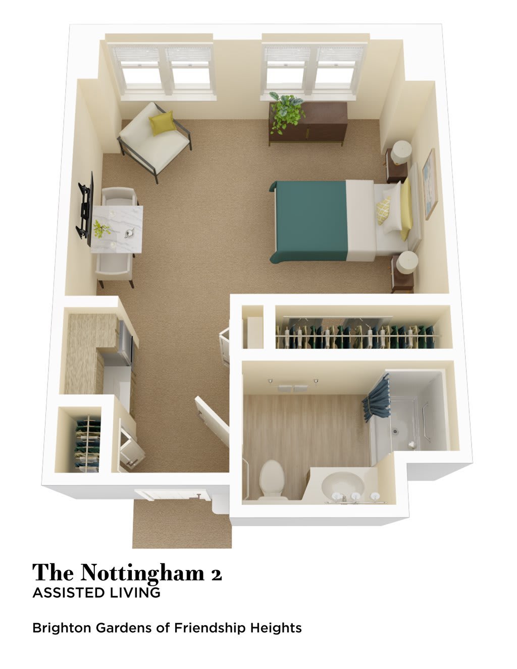 3D floor plan of a studio apartment showcasing a compact living space with bed, desk, and separate bathroom.