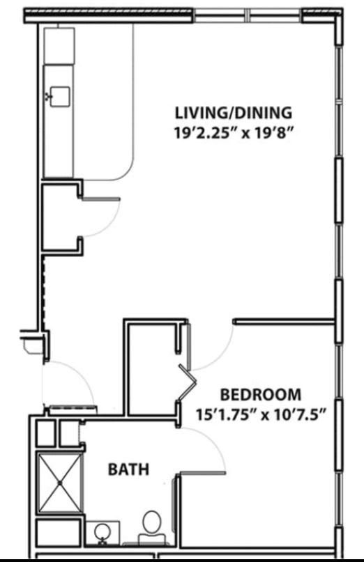 A floor plan of a one-bedroom apartment featuring a living/dining area and specified room dimensions.