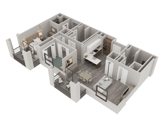 A 3D rendered floor plan of a modern apartment layout.