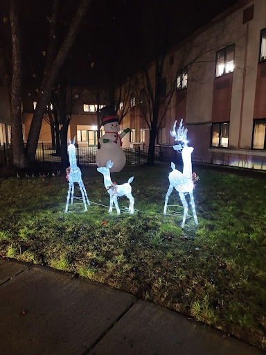 Festive holiday decorations featuring illuminated reindeer in a garden setting.