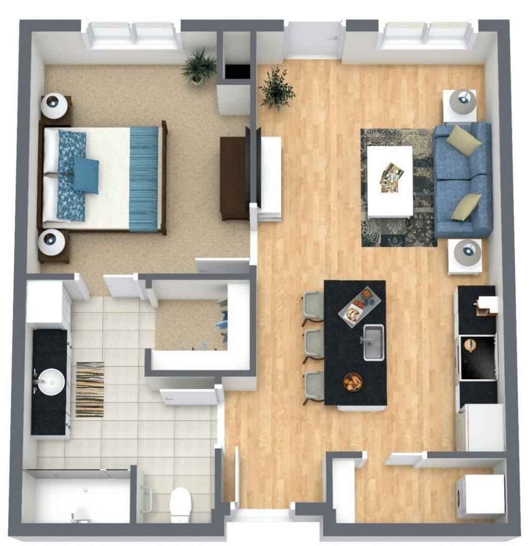 A 3D rendered floor plan of a modern apartment showcasing a bedroom, kitchen, living room, and bathroom layout.