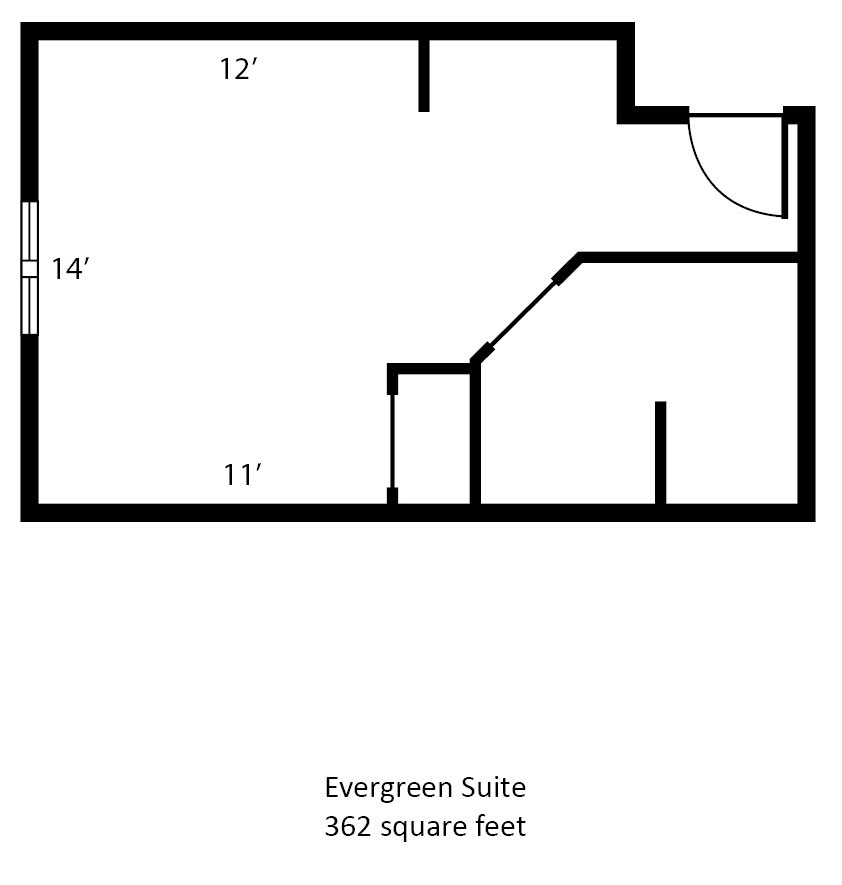 Floor plan of the Evergreen Suite with dimensions.