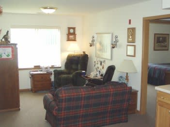 Cozy living room with a plaid sofa and armchairs.
