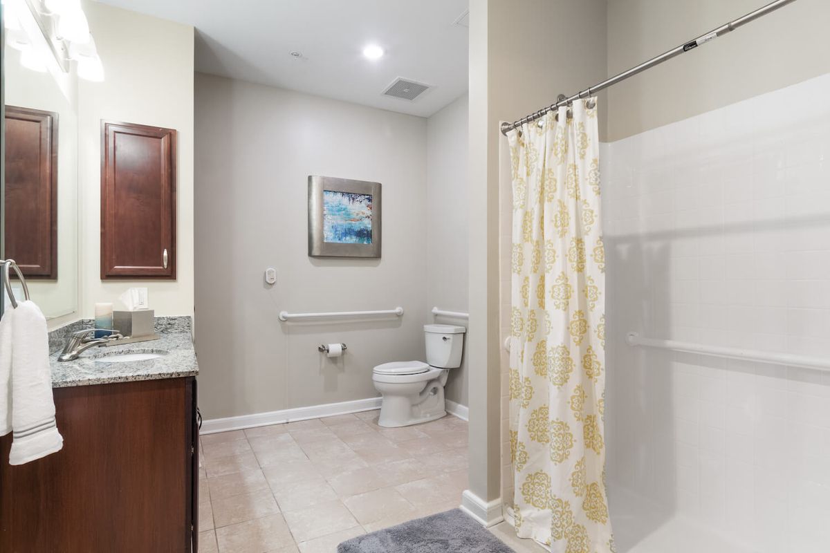 A modern bathroom featuring a shower with a patterned curtain, a toilet, and a vanity with a mirror.
