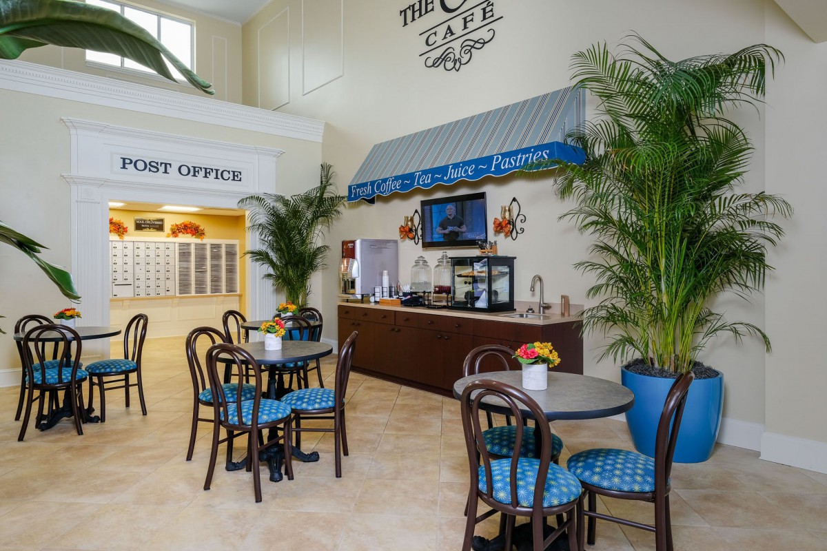 A cozy cafe interior with tables and chairs, decorated with lush plants.