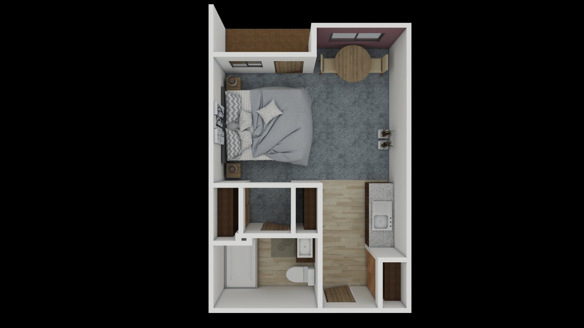 A compact apartment floor plan with a bedroom, kitchen, and bathroom.