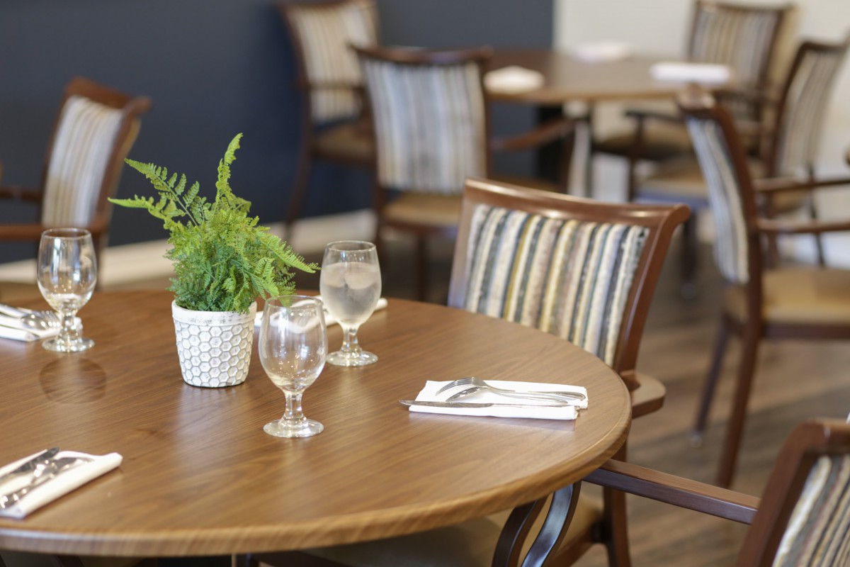 A cozy restaurant table set with glasses and a potted plant.