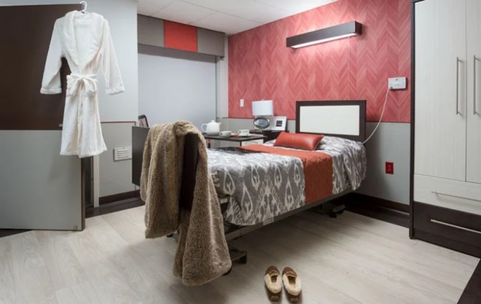 A well-furnished hospital room with a single bed, featuring luxurious decor and amenities.