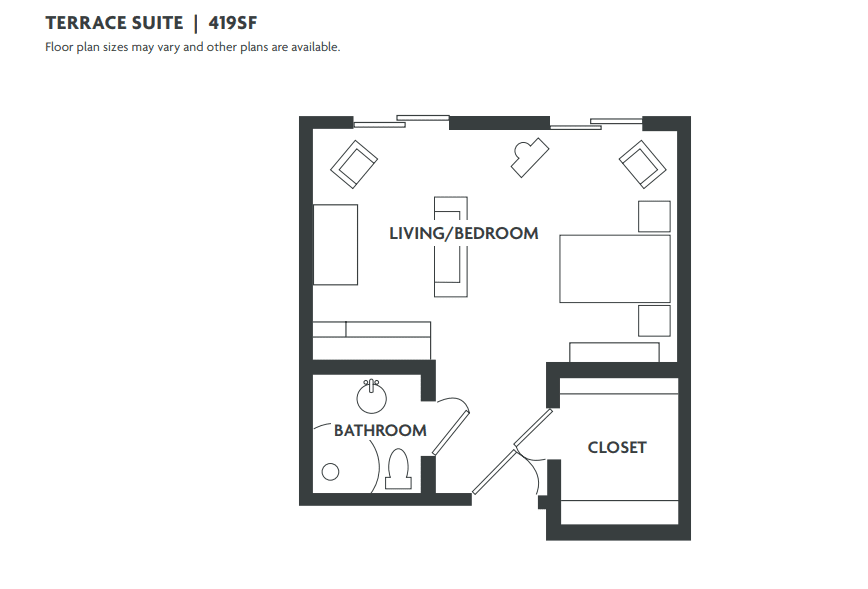 A floor plan of a suite featuring a living/bedroom area, bathroom, and closet.