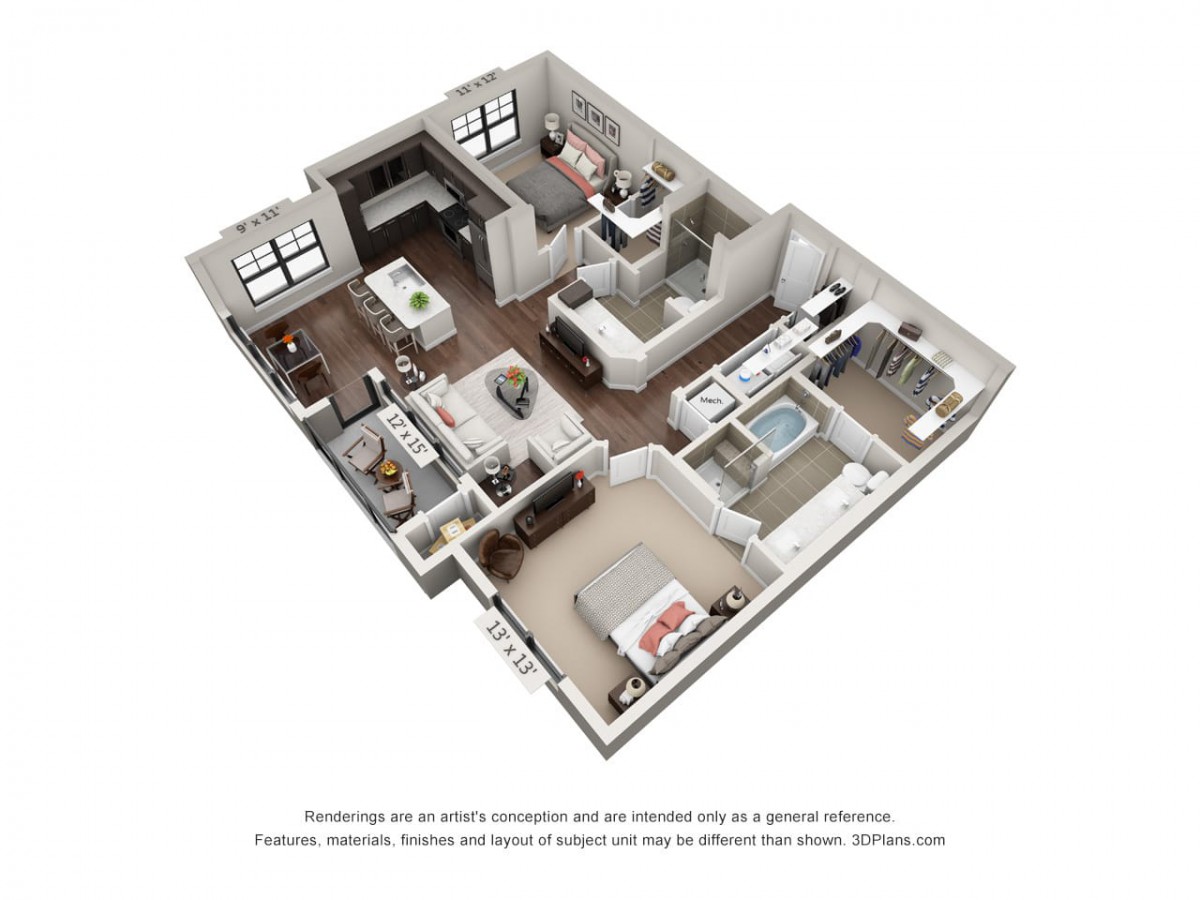 A 3D floor plan showcasing an apartment layout with a kitchen, living room, bedroom, and bathroom.
