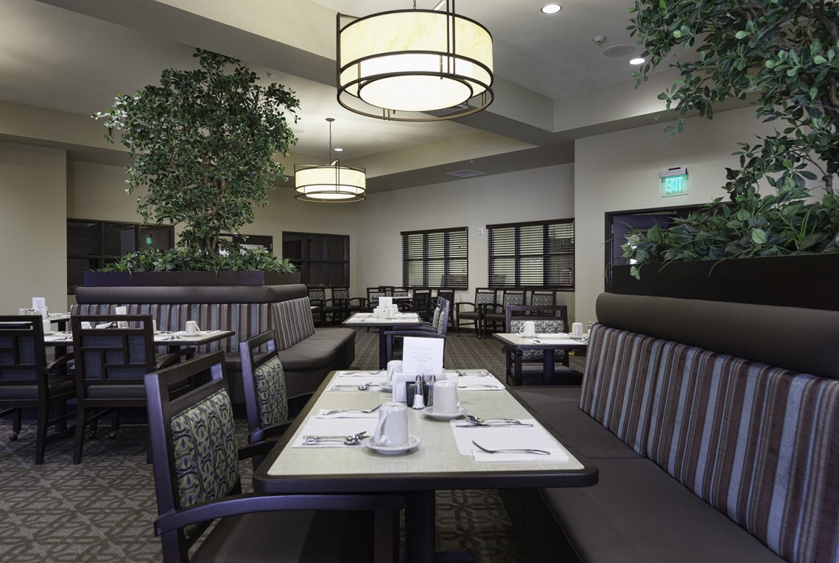 A modern restaurant interior with neatly arranged tables and chairs, warm lighting, and decorative plants.