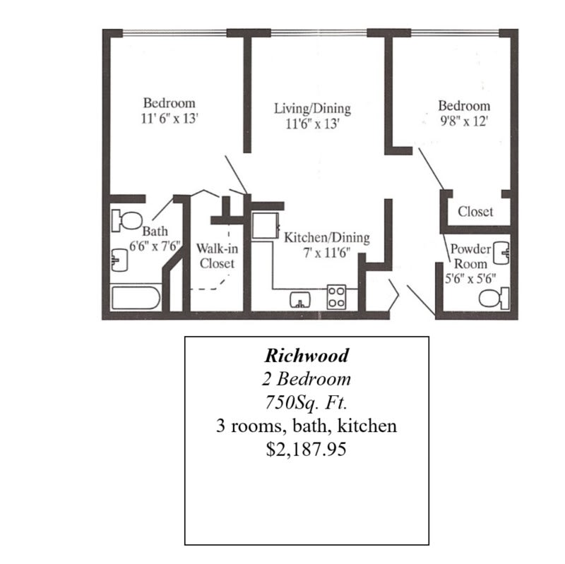 Floor plan of a two-bedroom apartment with living room, kitchen, and bathroom.