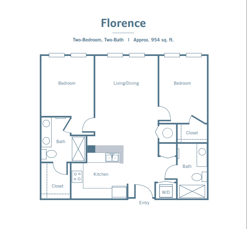 Floor plan of a two-bedroom apartment named 'Florence', with 954 sq. ft. area.