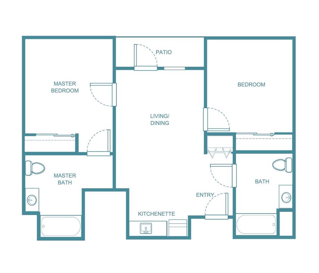 A floor plan of a two-bedroom apartment, including a living area and kitchen.