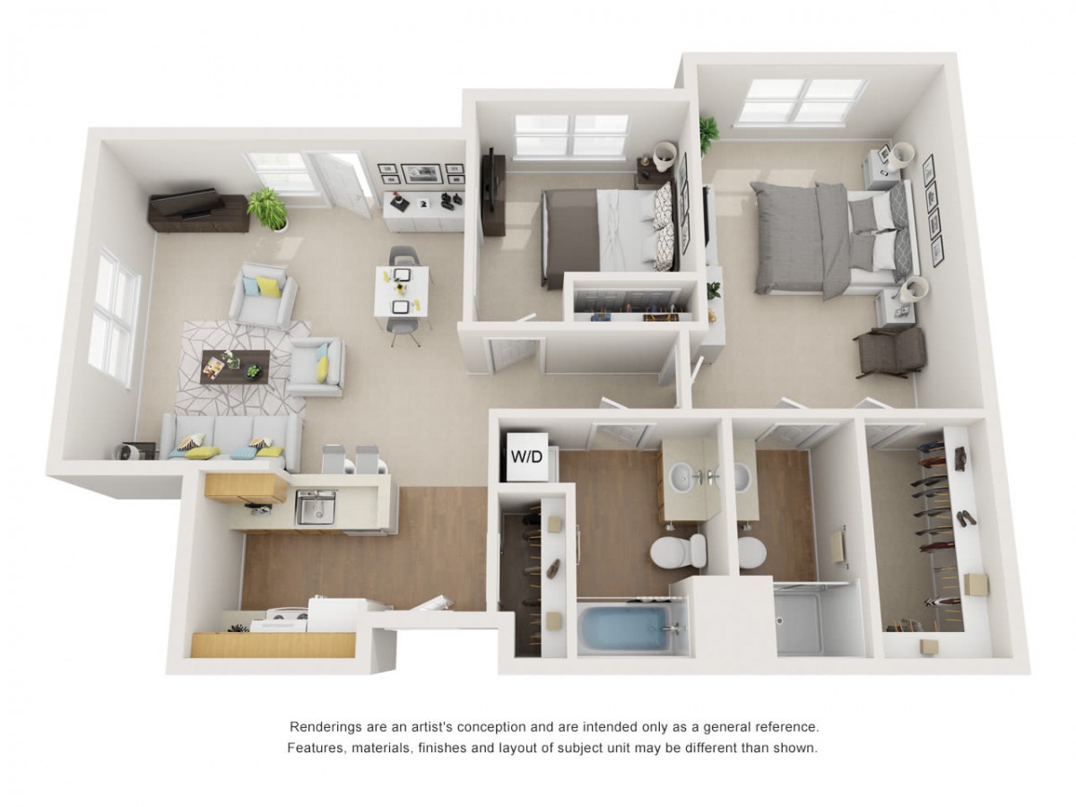 This is a floor plan of a modern two-bedroom apartment featuring a spacious living area, kitchen, and bathroom.