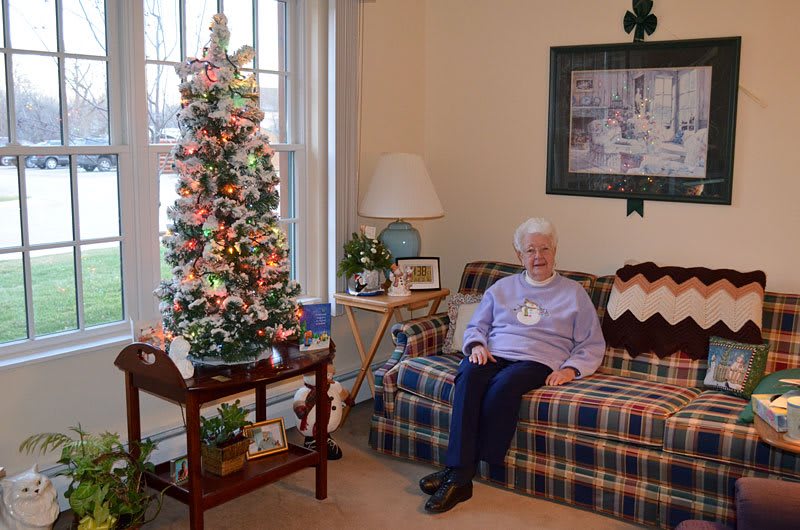 An elderly person sitting on a couch next to a decorated Christmas tree in a cozy living room.