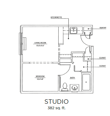 Studio apartment floor plan with a total area of 502 sq. ft.
