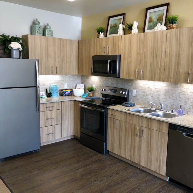 A modern kitchen with wooden cabinets, stainless steel appliances, and decorative elements.