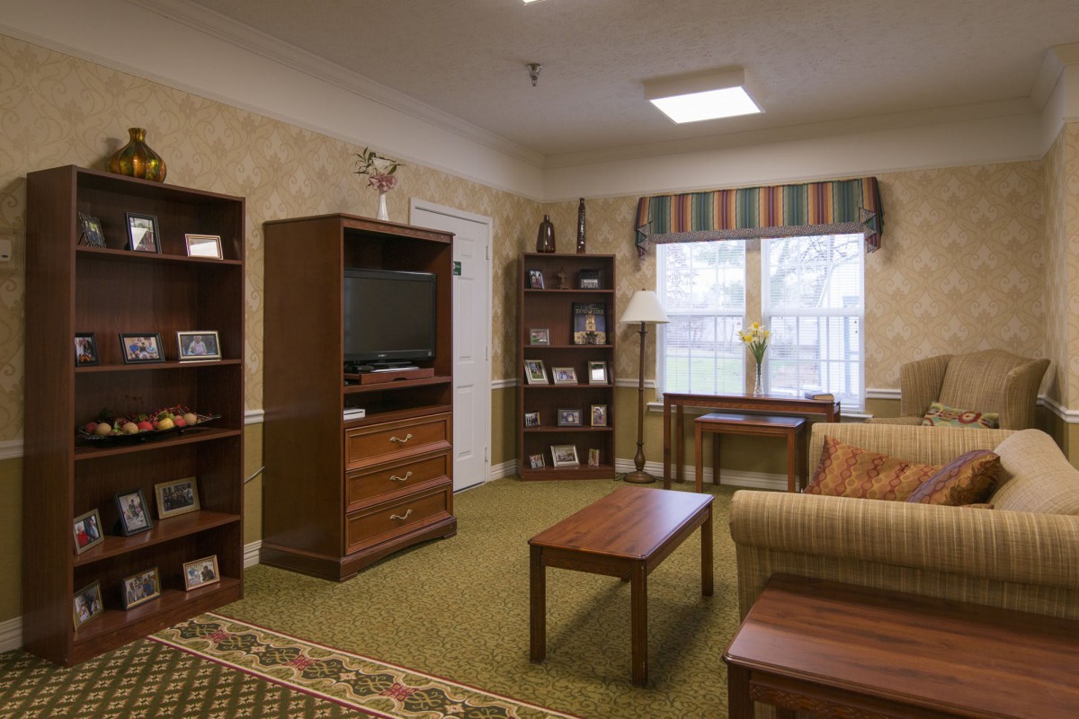 Comfortable living room with a TV, bookshelves, and cozy seating.