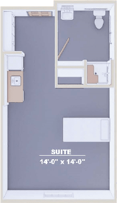 A floor plan of a suite with designated areas for a bed, bathroom, and kitchenette.
