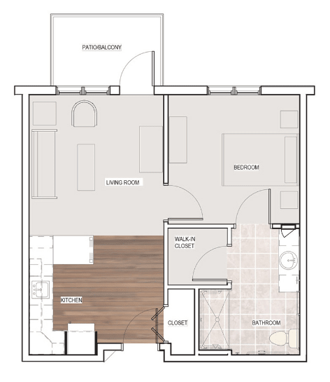 A floor plan of a one-bedroom apartment with a living area, kitchen, bathroom, and patio.