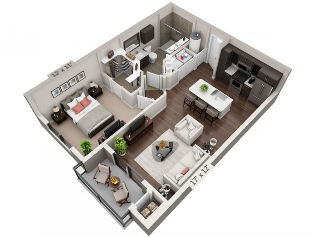 A 3D floor plan of a one-bedroom apartment featuring a living room, kitchen, bathroom, and balcony.