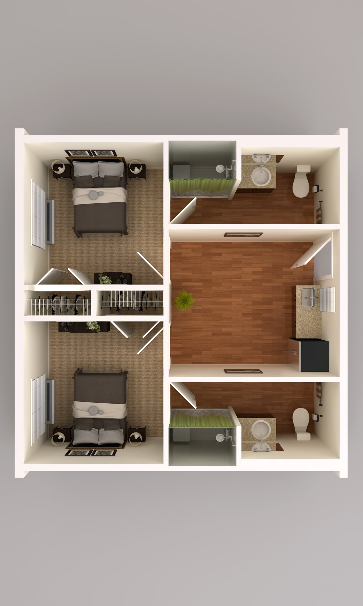 A two-bedroom apartment floor plan featuring a kitchen, two bathrooms, and a common area.