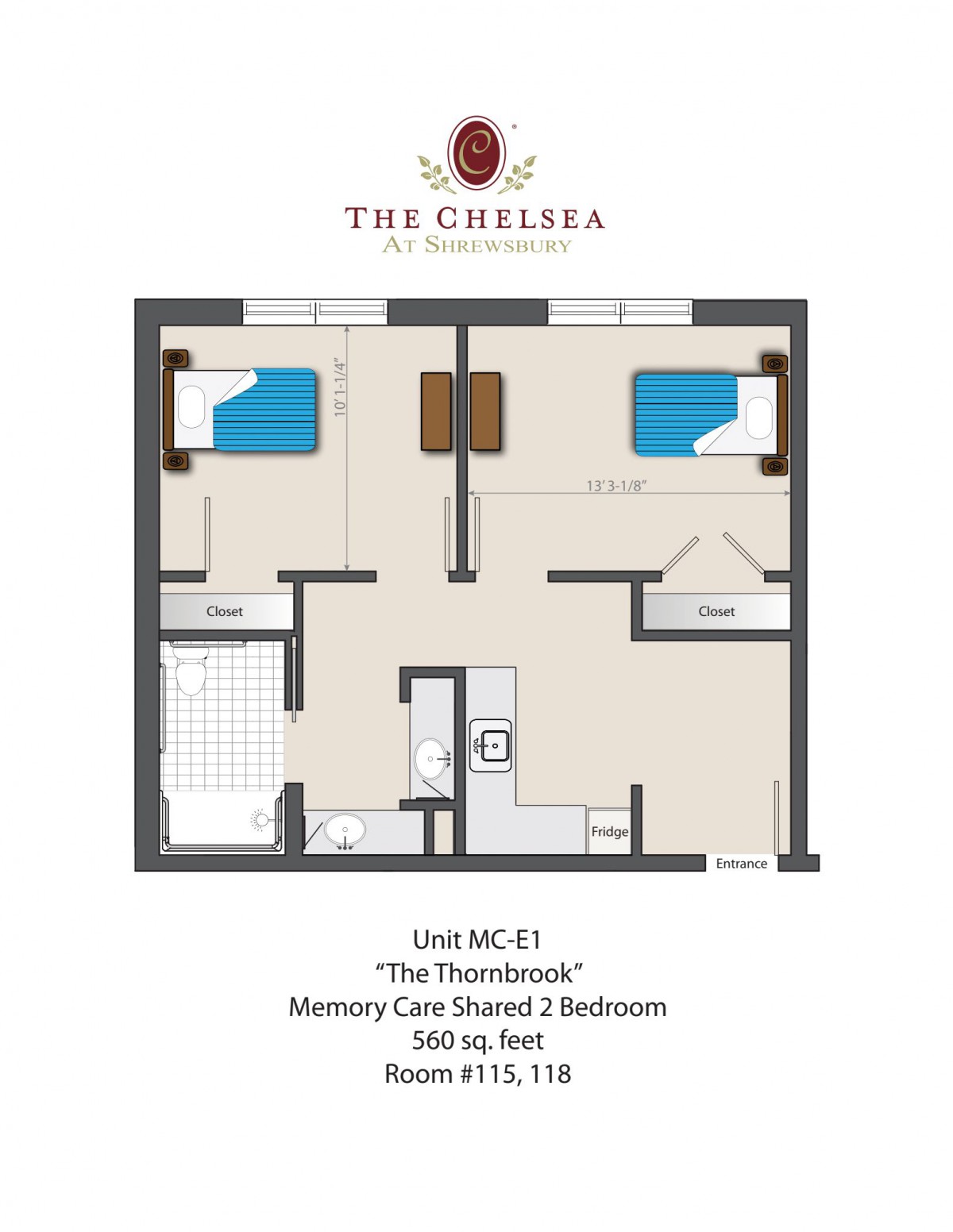 Floor plan of a two-bedroom unit at The Chelsea, showcasing the layout and room arrangements.