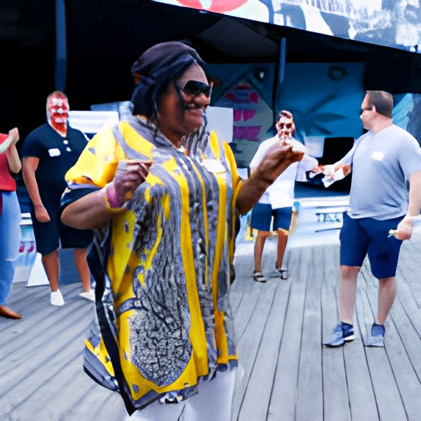 A joyful person dances enthusiastically while others watch and clap in an outdoor setting.
