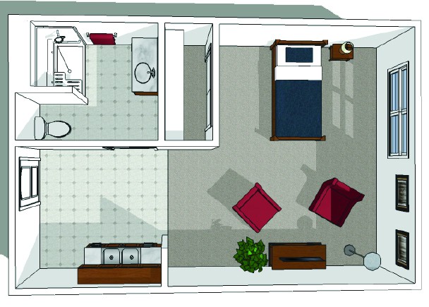 Top-down view of a small apartment floor plan featuring a bedroom and bathroom.
