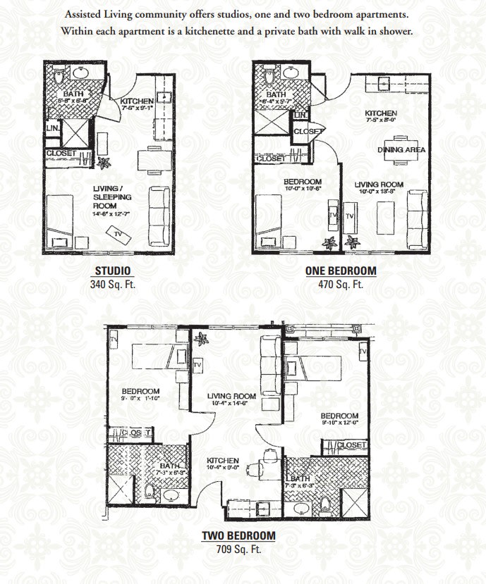 A set of floor plans showing layouts for a studio, one-bedroom, and two-bedroom apartments.