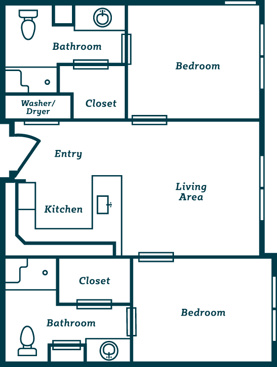 A floor plan of a two-bedroom apartment layout featuring a living area, kitchen, bathroom, and closets.