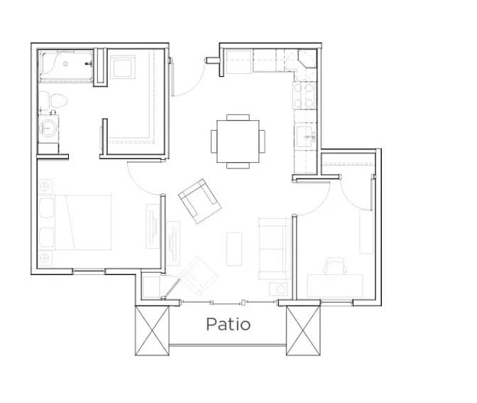 Floor plan of a residential space showing rooms, a patio, and interior layout.