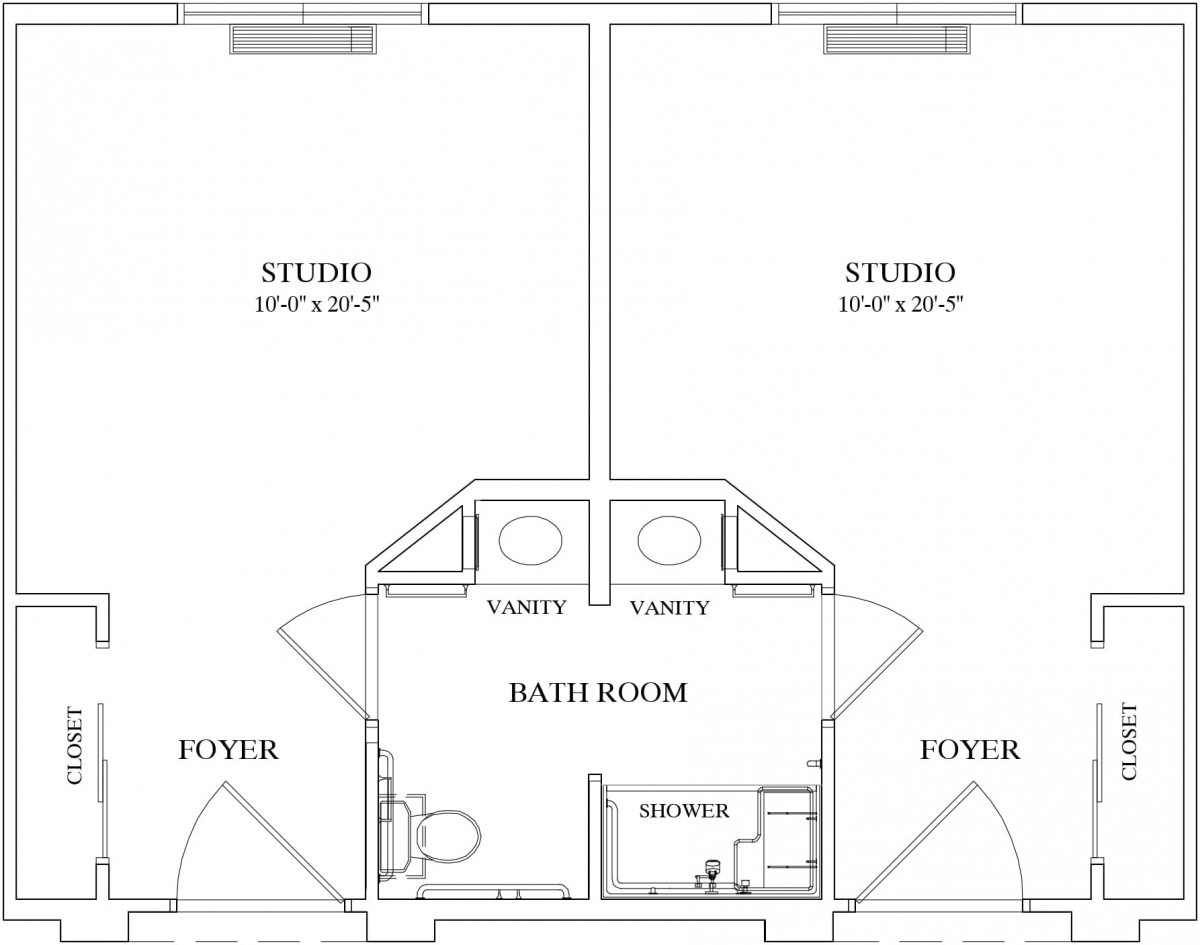 Blueprint layout of a studio apartment with shared bathroom and foyer.