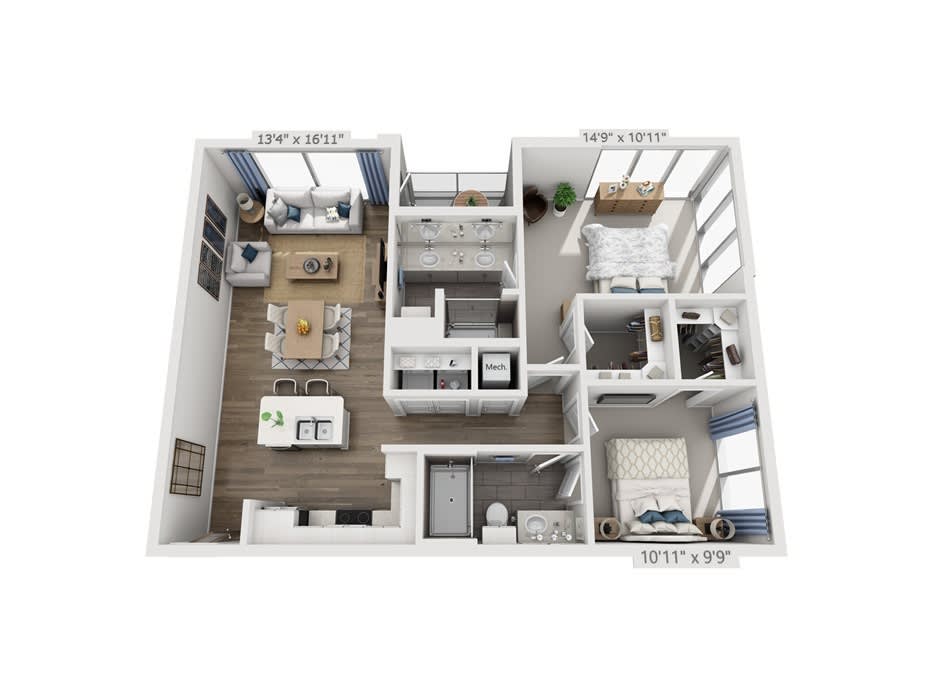A 3D floor plan of a modern apartment featuring two bedrooms, a living room, kitchen, and bathroom.