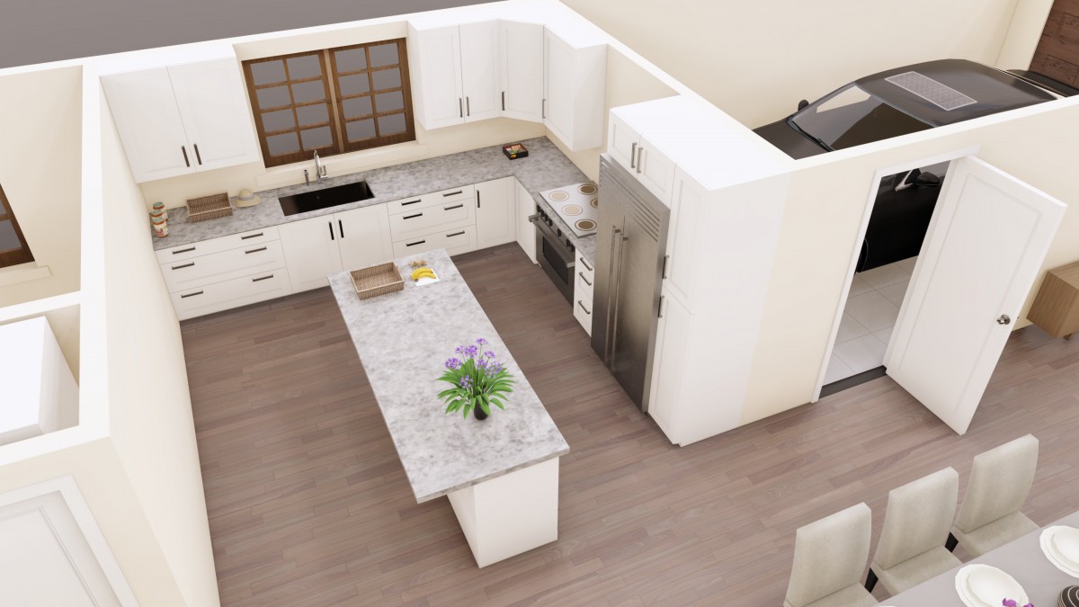 A modern kitchen with white cabinetry, a central island, and stainless steel appliances.