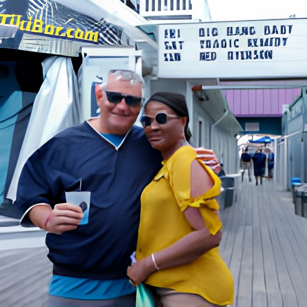 A couple posing together outdoors in casual clothing, with a signage visible in the background.