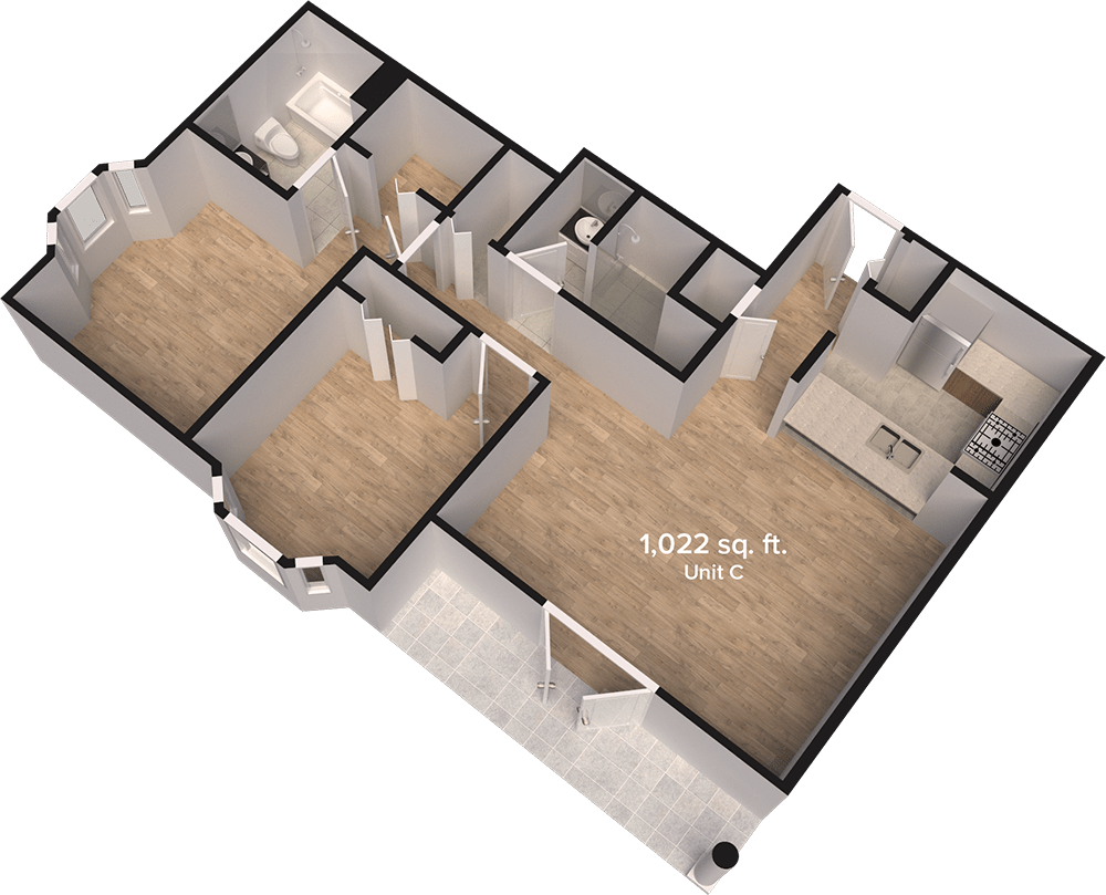 3D floor plan of a residential apartment.