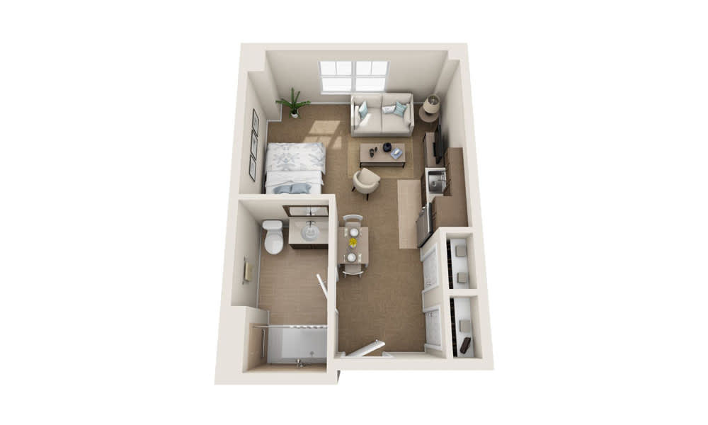 One-bedroom apartment floor plan with a living room, kitchen, and bathroom.