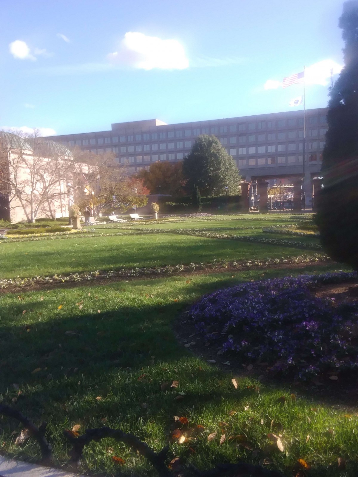A serene outdoor scene with a large building in the background and a well-maintained lawn with trees.