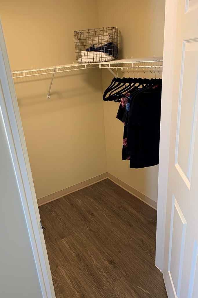 An organized closet with a few clothes on hangers and shelves.