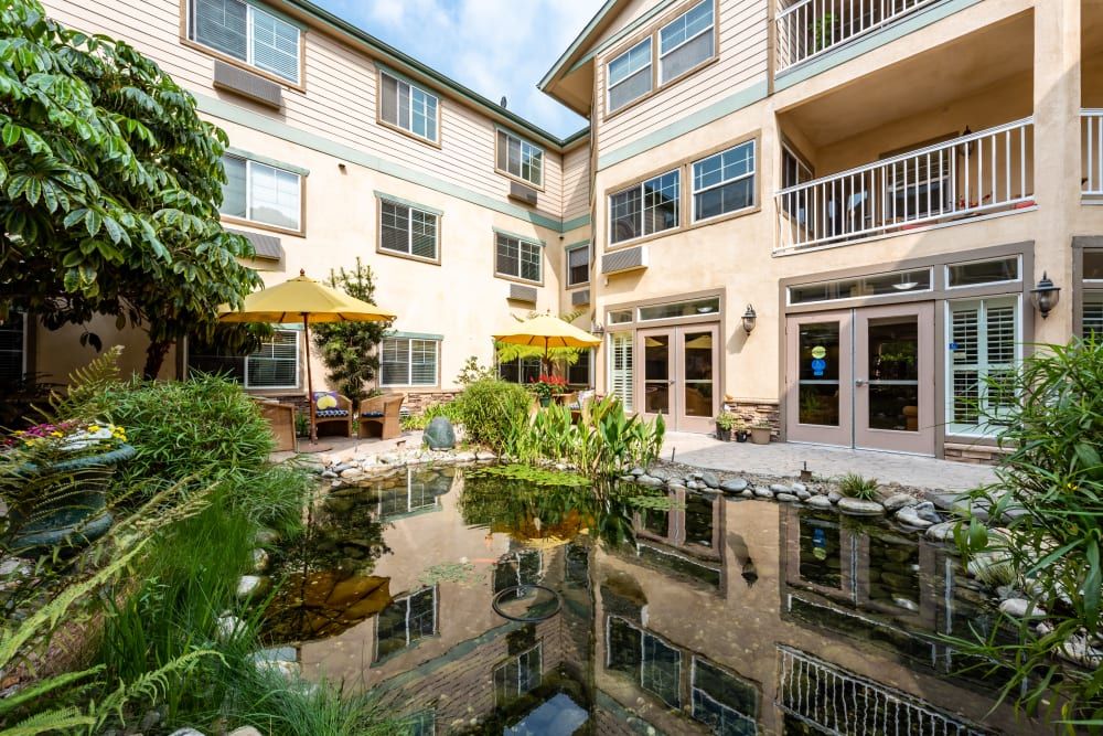 A peaceful courtyard with a reflective pond surrounded by a residential building.