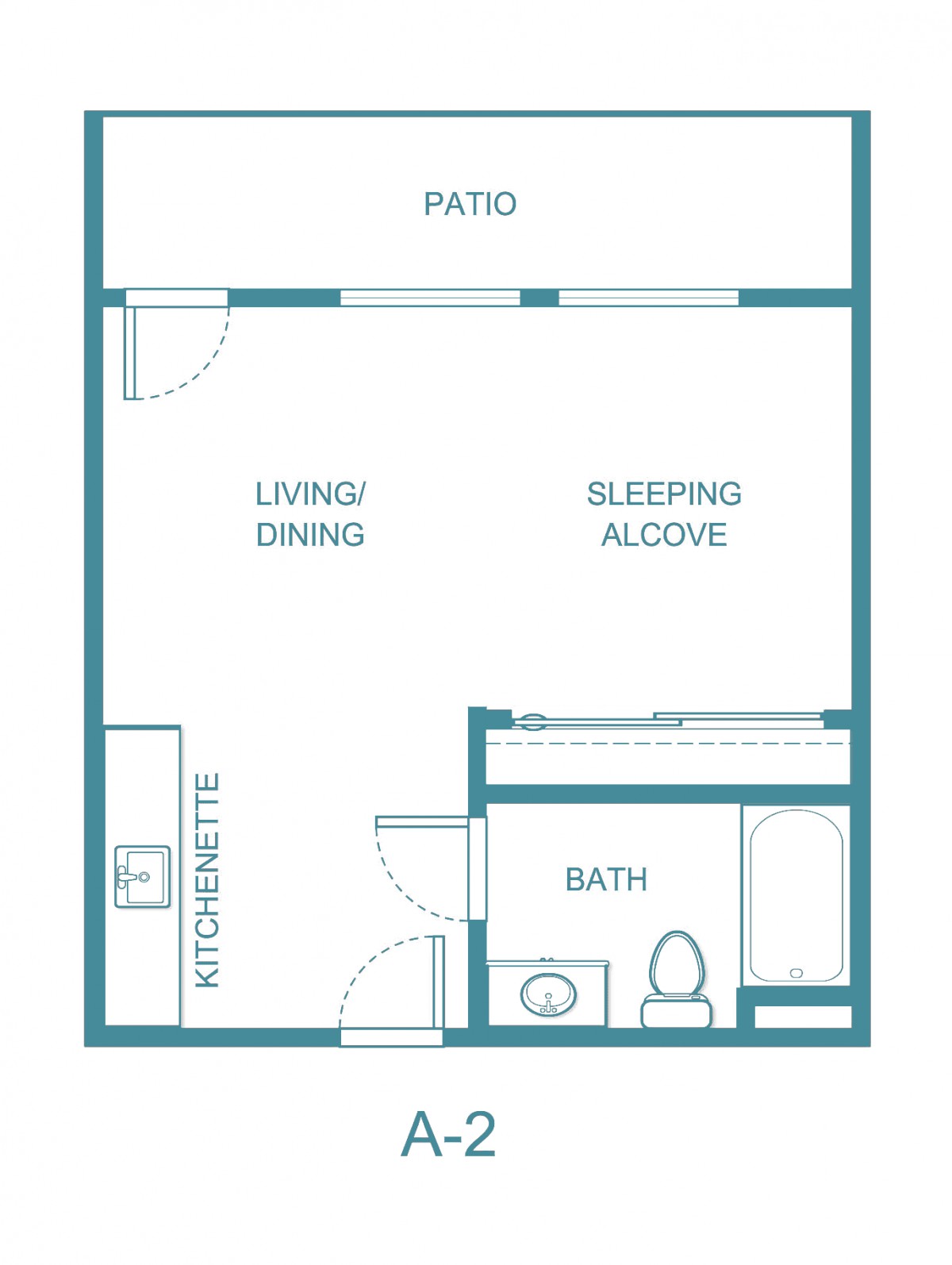 A floor plan of a studio apartment featuring a living/dining area, sleeping alcove, kitchen with a kitchenette, bathroom, and patio.