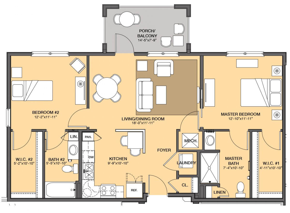 A detailed floor plan of an apartment showing the arrangement of rooms and furniture.