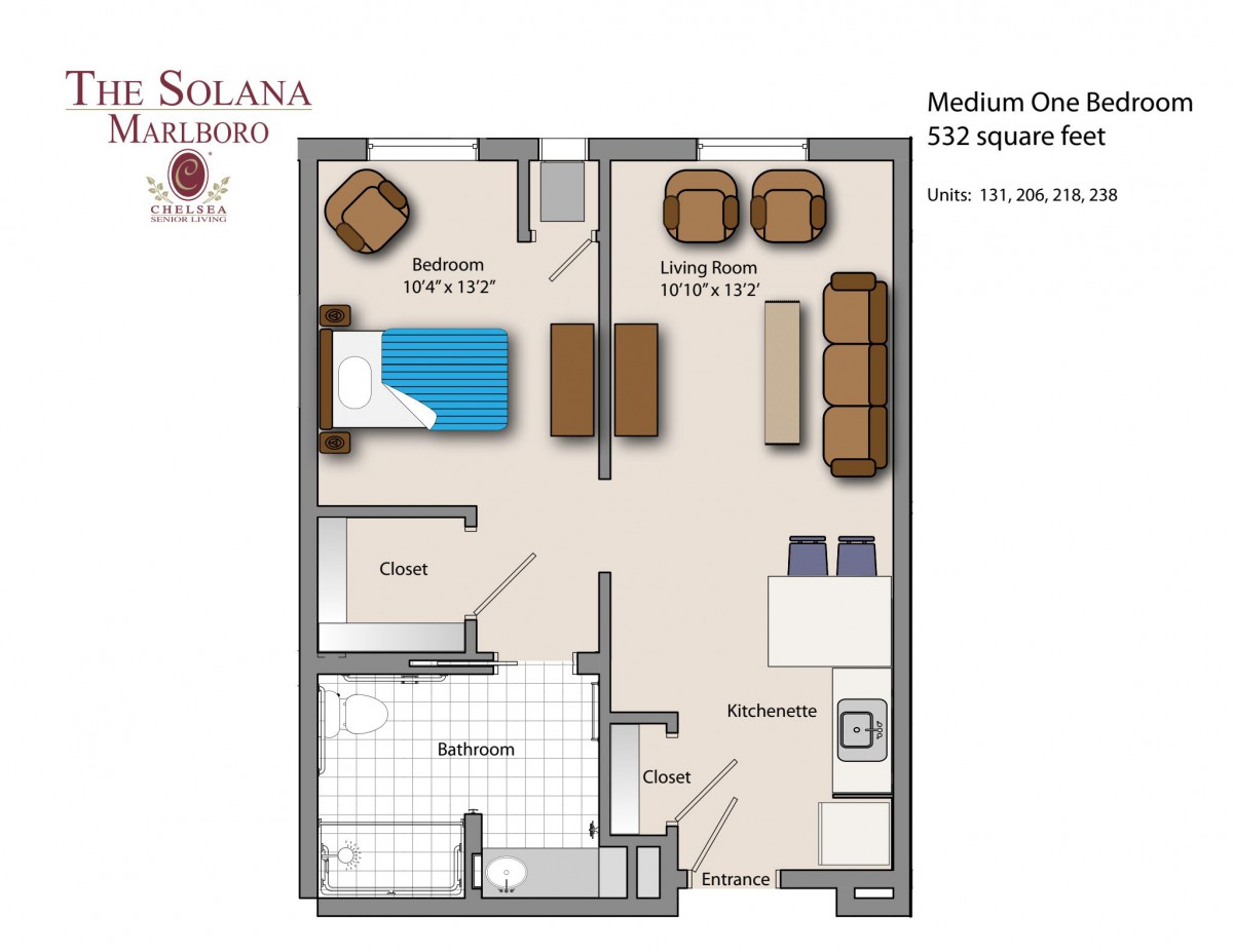 A floor plan of a medium one-bedroom apartment measuring 512 square feet, featuring a bedroom, living room, kitchen, and bathroom.