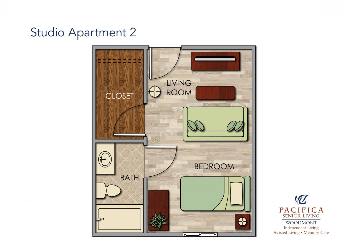 A floor plan of a studio apartment showing the layout of living room, bedroom, closet, and bathroom.