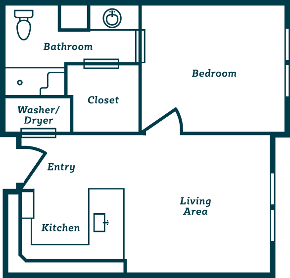 One-bedroom apartment floor plan with living area, kitchen, bathroom, washer/dryer, and closet.