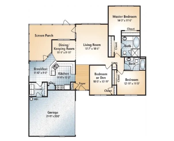 Floor plan of a house showing various rooms and dimensions, including a garage, living room, kitchen, and bedrooms.