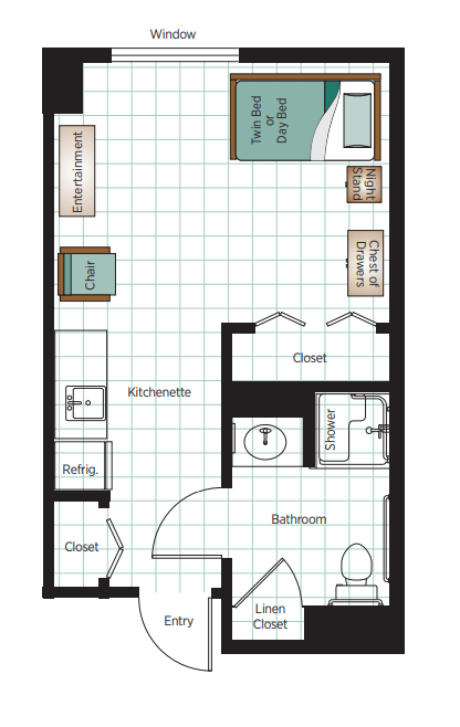 A detailed floor plan of an apartment, showing the arrangement of rooms including a bathroom, closets, kitchen, and living area.